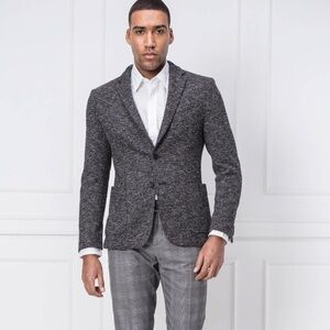 HUGO BOSS black and white tweed stretch blazer cardigan, size 44L